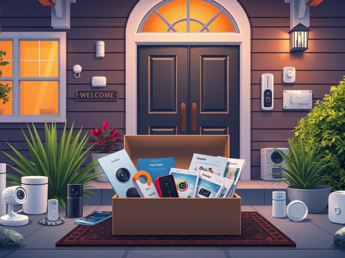 Smart home devices in a box at a doorstep with lights and security cameras, highlighting modern technology solutions.